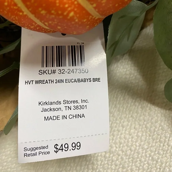 Kirklands Stores, Inc, Eucalyptus and Baby's Breath Pumpkin Wreath 24 in. - Picture 3 of 4